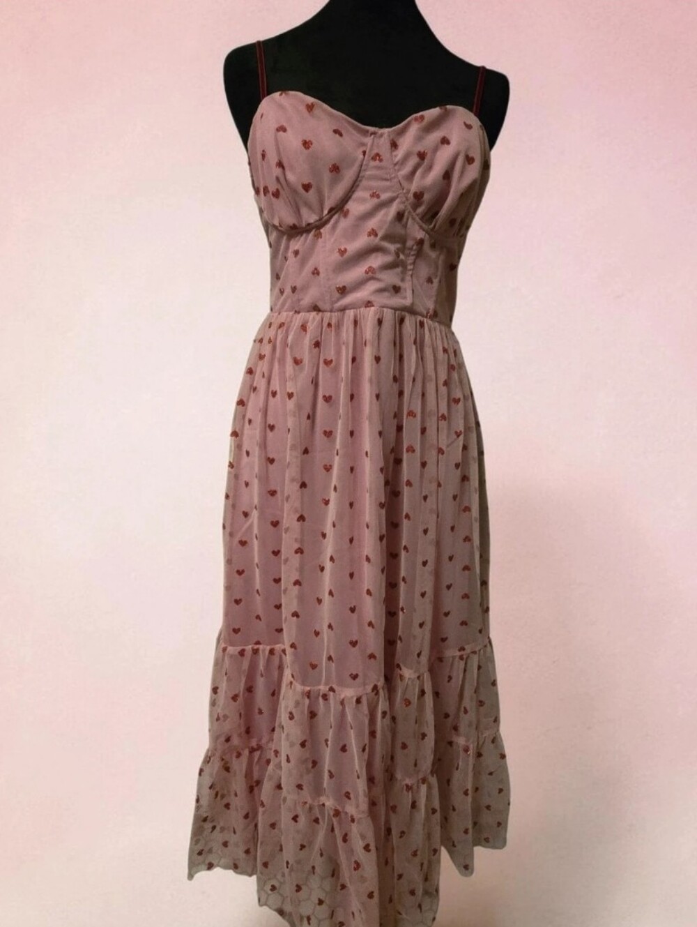 Betsey Johnson Pink Maxi Dress with Red Heart Print